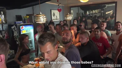 Crowd of men fucked two sluts and pissed on them before finishing — screenshot 