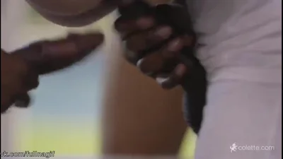 Five black men feed a skinny blonde with cum — screenshot 