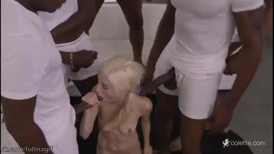 Five black men feed a skinny blonde with cum — screenshot 