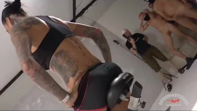 Brunette gets a facial from all the gym dudes — screenshot 